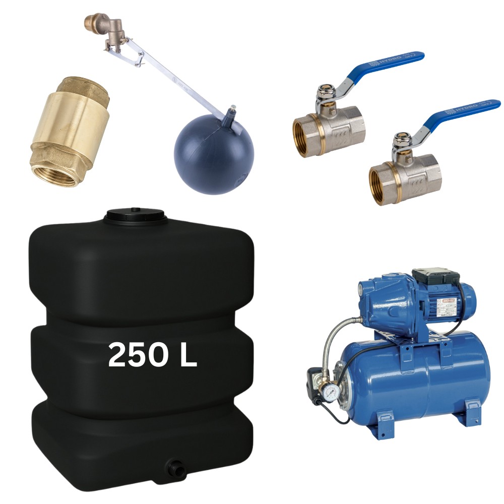 Kit „Eau potable 250L“ avec réservoir d’eau Mavil (noir, rectangulaire) et pompe hydrophore Speroni | Réservoirs d'eau potable |  |