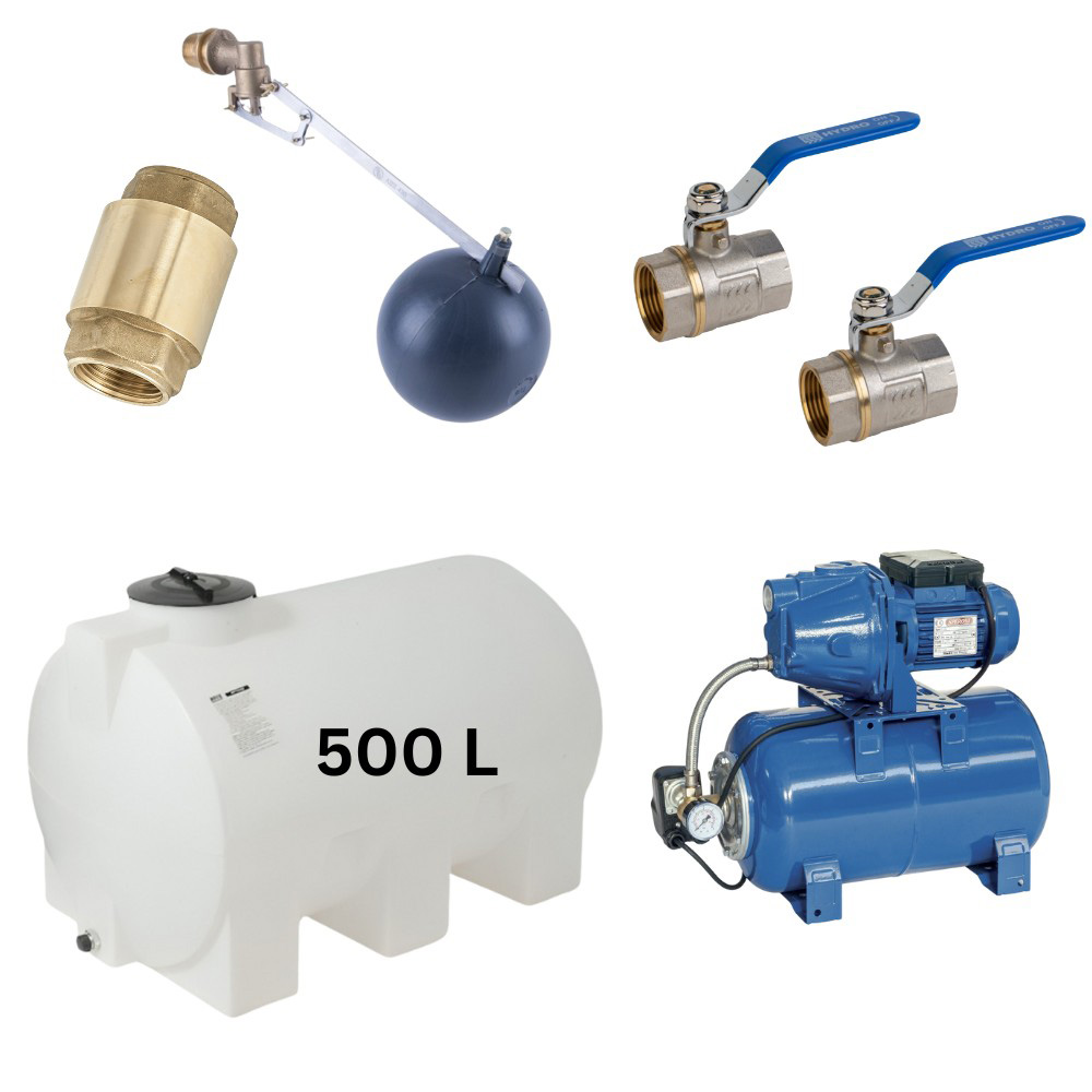 Kit „Eau potable 500L“ avec réservoir d’eau Mavil (blanc, horizontal) et pompe hydrophore Speroni | Réservoirs d'eau potable |  |