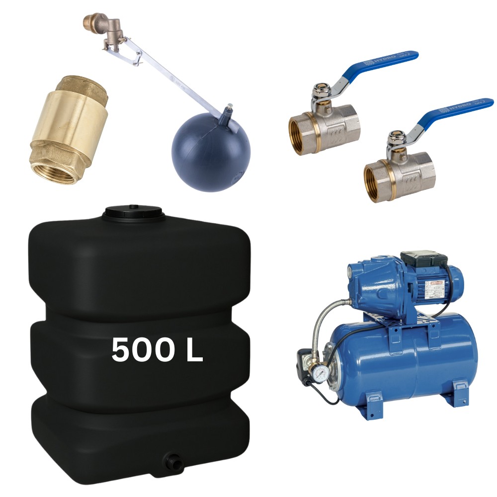 Kit „Eau potable 500L“ avec réservoir d’eau Mavil (noir, rectangulaire) et pompe hydrophore Speroni | Réservoirs d'eau potable |  |
