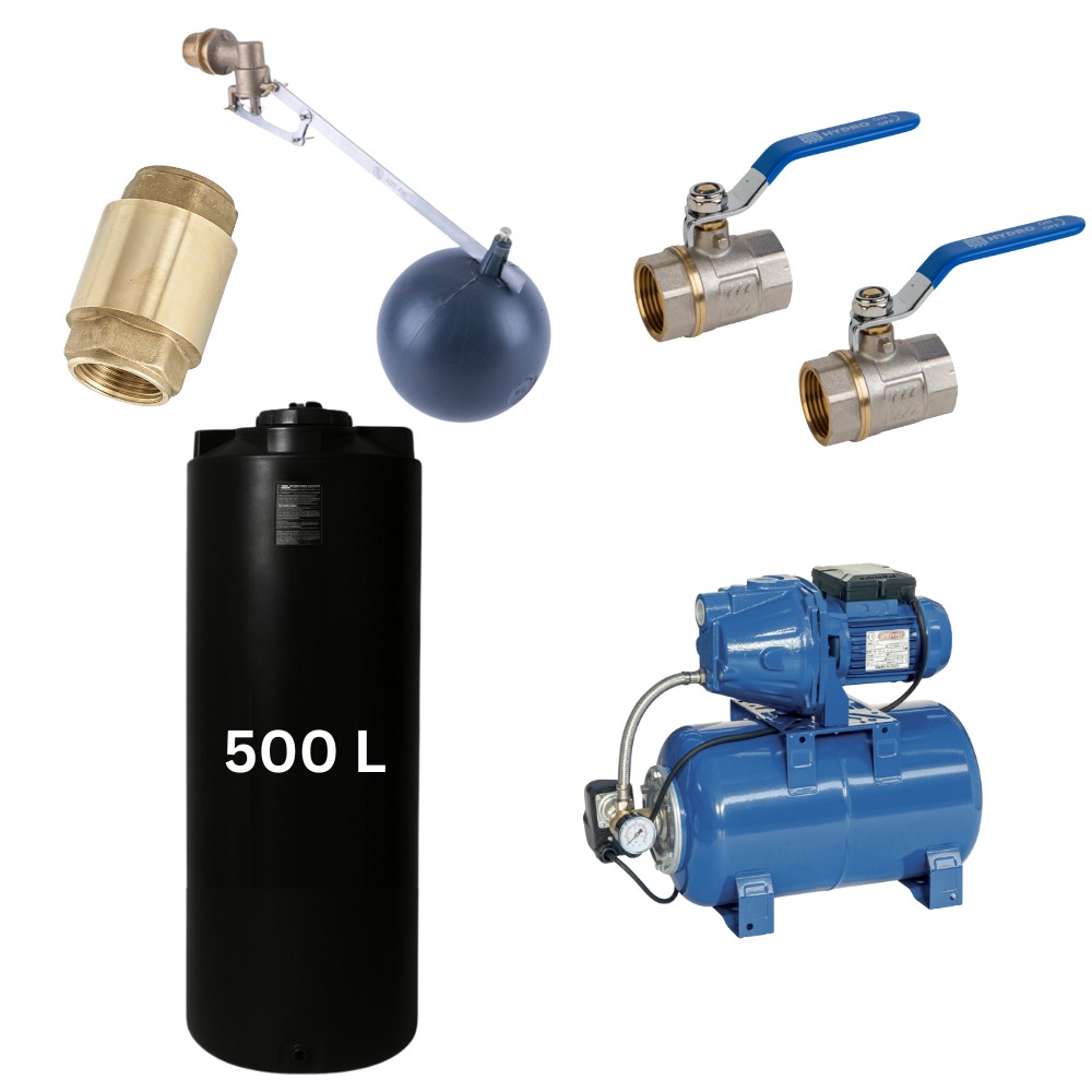 Kit „Eau potable 500L“ avec réservoir d’eau Mavil (noir, cylindrique) et pompe hydrophore Speroni | Réservoirs d'eau potable |  |