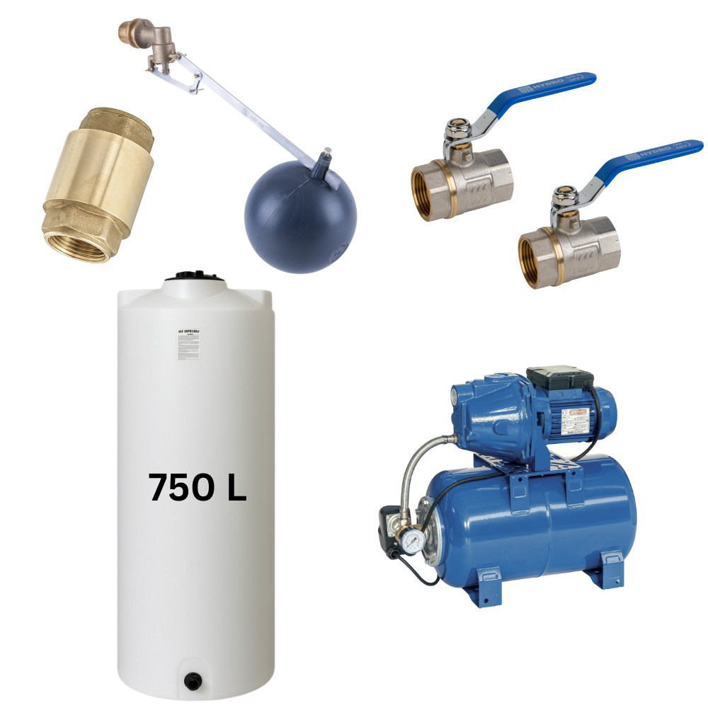 Kit „Eau potable 750L“ avec réservoir d’eau Mavil (blanc, cylindrique) et pompe hydrophore Speroni | Réservoirs d'eau potable |  |